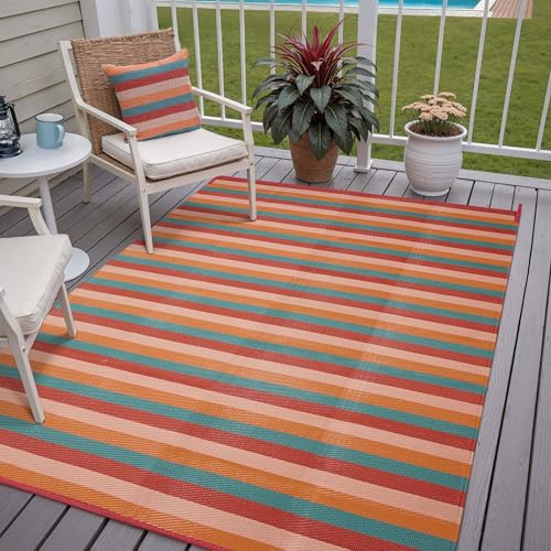 PureCozy Outdoor Waterproof Patio Rug 5x8 Plastic Straw Reversible Outside Orange Red Colorful Striped Carpet Lightweight Large Rug for Camping RV Porch Deck Balcony Beach - color: Stripe | Orange Red, size: 5' x 8' (Rectangular)