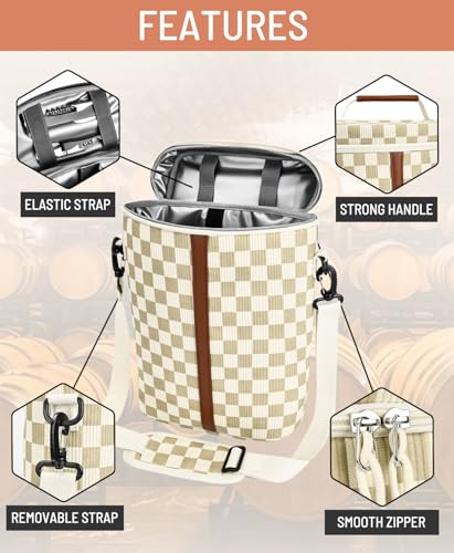 Insulated Wine Bag - Wine Bottle Carrier Tote Cooler Bags for Gifts Travel Picnic Beach, Khaki Checkered Pattern - 2 Bottle - color: Khaki Checkered Pattern, size: 2 Bottles