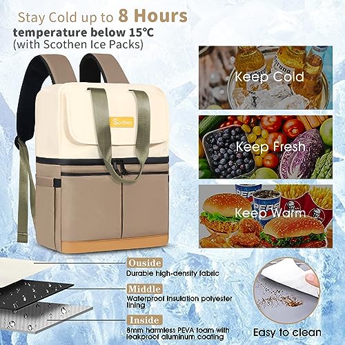 Scothen Backpack Cooler with Double Decker & 12 Ice Packs- Keeps 36 Cans Cold for Up to 24 Hours- Waterproof & Leak Proof Insulated Cooler Backpack- Stylish Cooler Bookbag for Women Travel Work Beach - color: Khaki