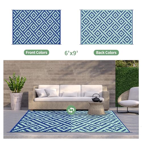 GENIMO Outdoor Rug for Patio Clearance, 6'x9' Waterproof Camping Mat, Reversible Plastic Straw Rugs for RV, Camper, Balcony, Backyard, Picnic, Deck (Royal Blue & Blue Green) - color: Royalblue&bluegreen, size: 6' x 9' (Rectangular)