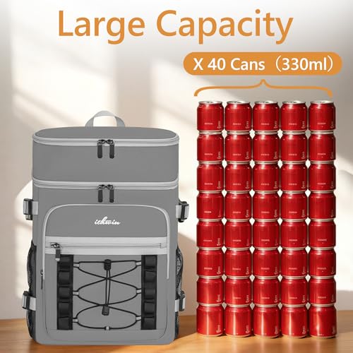 Cooler Backpack, 40 Cans Insulated Lunch Backpack Picnic Backpack for Men&Women, Durable Cooler Bag with 2 Leak Proof Compartments for Picnic, BBQ Camping, Lunch, Beach, Hiking, Gray - color: Gray