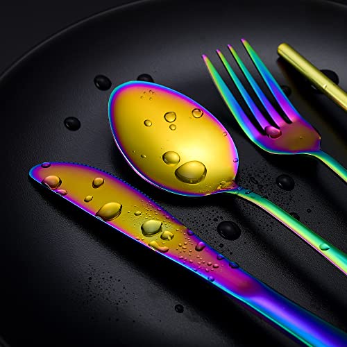 Boulder Bee | Travel Utensils Set | Reusable Camping Cutlery Set | Stainless Steel Flatware Set | Portable Silverware Set with Case | Includes Knife/Fork/Spoon/Straw/Cleaning Cloth/Case (Rainbow) - color: Rainbow