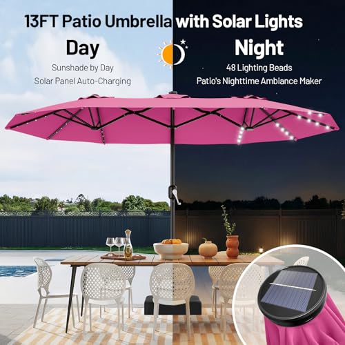 AreShark 13 FT Patio Umbrella with Solar Lights, Double-Sided Outdoor Table Umbrellas with Crank, Large Rectangular Market Umbrella for Porch, Lawn, Pool, Backyard, Rose Pink - color: Rose Pink, size: 6.5x13 Ft