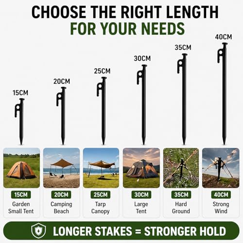 SORIEA 12 Inch Heavy Duty Steel Tent Stakes, Camping Stakes for Large Tent, Canopy, Tarp, Strong Wind Resistant Ground Anchors 30cm (2 Pack) Black - size: 30cm