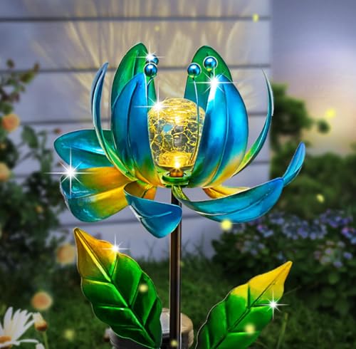 Solar Yard Lights Wind Spinners- Metal Lotus Flower Garden Decor LED Crackle Glass Globe Yard Art Sculpture Solar Stake Lights for Patio Pathway Lawn Walkway - color: Blue