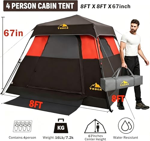 3/4 Person Camping Tent with 1 Door, 4 Windows, and Upgraded Ventilation– Instant Setup, Waterproof, 8'x 8'x 67''Oxford Fabric Floor Pop Up in 60 Seconds Includes Rainfly and Backpack - color: 4 Person Brick Red