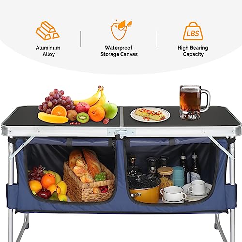 VINGLI 4 Ft Folding Table, Aluminum Camping Table, Picnic Table with Storage, Adjustable Height for Outdoor Beach BBQ Backyards Travel Party (Black ＆ Blue) - color: Black ＆ Blue