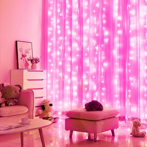Brightown 300 LED Curtain Lights for Bedroom 9.8 FT Hanging Window Lights with Remote, Connectable, 8 Modes, Waterproof Fairy Lights for Outdoor Indoor Valentine's Day Christmas Holiday Party, Pink - color: Pink, size: 300LED