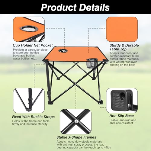 Moclever Foldable Camping Table–Ultralight Portable Table with Cup Holders&Carry Bag, Perfect for Outdoor Adventures,Picnic,Beach, BBQ,Hiking & Home Use - style: 1 Pc Orange