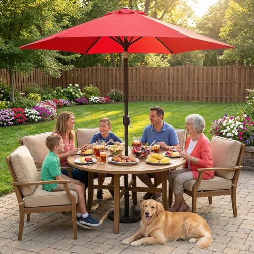 Yaheetech 7.5FT Patio Umbrella Outdoor with Heavy Duty Base Included,Table Umbrella with Push Button Tilt and Crank, UV Protection Waterproof for Yard/Outdoor/Wedding Parties and Events - Red - color: Red, size: 7.5FT