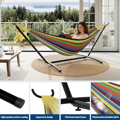 Double Hammocks with Stand for Outside, Portable Space Saving Heavy-Duty Steel Stand for Indoor Outdoor Patio with Carrying Bag, 450 lbs Capacity (Rainbow Stripes) - color: Yellow Rainbow Stripes