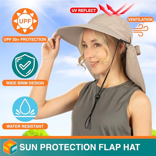 SUN CUBE Wide Brim Sun Hat with Neck Flap, UPF50+ Hiking Safari Fishing Hat for Men Women, Sun Protection Beach Hat - color: Tan With Bow