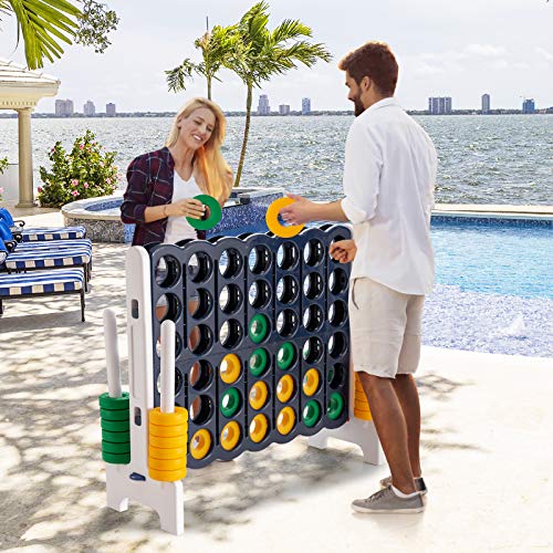 Costzon Giant 4-in-A-Row, Jumbo 4-to-Score Giant Game Set for Kids & Adults, Indoor Outdoor Yard Connect Game, 3.5FT Tall with 42 Jumbo Rings & Quick-Release Slider, Perfect for Family & Party Games - color: Dark Blue/White
