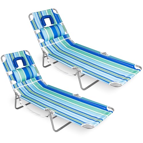 Romswi 2PK Folding Tanning Beach Chair with Face Hole, 5-Position Reclining Sun Lounger, Portable Face Down Tanning Chair with Arm Holes & Side Pocket for Beach, Pool, Patio, Teal and Aqua Stripe - color: Teal and Aqua Stripe, size: 2pcs