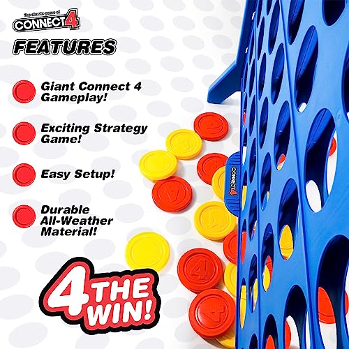 Connect 4 Giant Edition Game - 4-Foot Jumbo Classic Four-in-a-Row Family Fun - Indoor & Outdoor Strategy Board Games for Adults & Kids - 42-Count Colorful Discs - Quick Assembly & Slide Release Reset