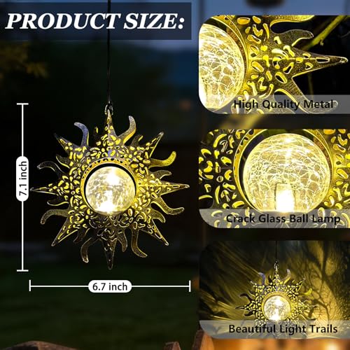 Hanging Solar Lights Outside Lanterns Garden Decorations,2 Pack Metal Sun Outdoor Art Decor for Backyard Balcony Patio Porch Landscape Pathway,Unique Mother's Day Gifts for Women Mom Grandma