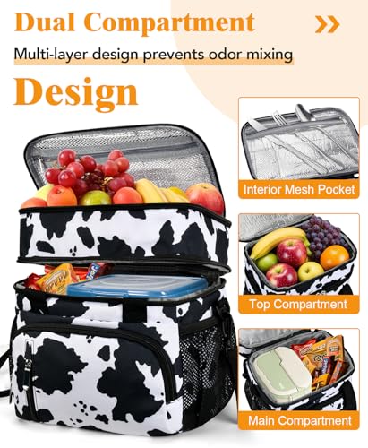 Insulated Lunch Bag for Women, Double Leakproof Lunch Box Soft Cooler Tote with 5 Pockets, 600D Oxford, EVA Lining, Adjustable Strap for Work, Picnic, Beach&Travel-Cow Print - color: Cow Pattern, size: Double