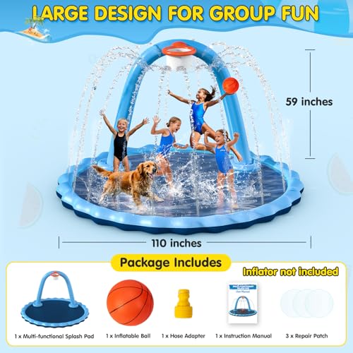 Instraella Splash Pad for Kids and Dog, 110" 2-in-1 Large Sprinkler Mat with Basketball Hoop and Arch for Kids Outdoor Play, Shoot Game for Backyard, Inflatable Water Toys More Fun for Boys and Girls - size: Round 110 in