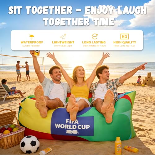 MESUCA FIFA World Cup 2026 Edition Inflatable Sun Lounger, Air Sofa, Blow Up Couch, 210T Polyester Inflatable Camping Chair is Ideal for Backyard, Beach, Travel, Picnics and Music Festivals FIFA - color: Fifa-multicolor