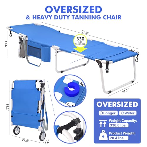 Wheel-To-Go Oversized Heavy Duty Tanning Chair with Face Hole Softer Padded Adjustable Washable, Folding Lounge Sun Chair for Outside Sunbathing Reading Pool Lawn, Lay Flat Beach Chair with Wheels - color: Royal Blue, style: Oversized