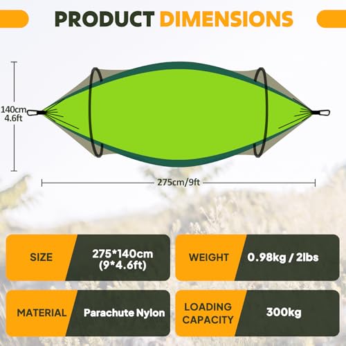 Chihee Ultra-Light Travel Camping Hammock Pop-up Net Hammock 660lbs Load Capacity,Breathable,Quick-Drying Parachute Nylon 2 Premium Carabiners,2 Tree Slings Included for Outdoor Backpacking Hiking - color: Light Green/Dark Green