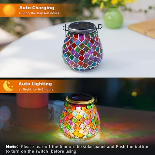 Stargarden Mosaic Solar Lanterns Outdoor Waterproof, Colorful Glass Hanging Lantern Decorative Solar Lights for Yard, Patio, Lawn, Gaden Decor - color: Colorful