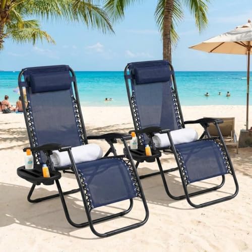 Garvee Outdoor Reclining Lounge Chair Set of 2 with Cup Holder & Padded Headrest, Adjustable Patio Folding Chairs, Heavy Duty Portable Camping Lawn Chairs for Pool, Backyard, Beach, Deck Blue - color: #Blue