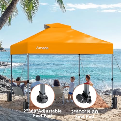 Amada 10x10 Pop Up Canopy Tent, 1-Button Push Easy-up Outdoor Canopy Beach Tent with 3-Height Adjustable Waterproof Shade Shelter, Wheeled STO-N-Go Bag 8 Stakes, 4 SandBags (Orange) - color: Orange, size: 10x10ft