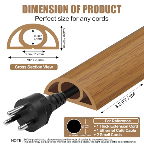 Floor Cord Cover Self Adhesive Cord Hider,3.3FT Cable Management, Extension Strip Protector for Wires, Prevent Cable Trips for Offices, Gyms, Exhibitions Cavity:0.3"(W) x 0.28"(H) Brown Wood - color: Brown Wood, size: 0.78" x 3.3'