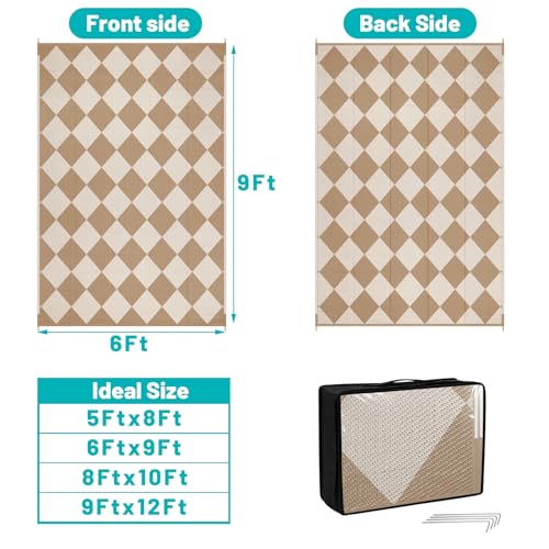HEBE Outdoor Rug Waterproof 6x9, Checkered Plastic Straw Rug RV Camping Rug, Reversible Outdoor Patio Mat Clearance, Outside Carpet for Porch,Deck,Camper,Balcony - color: Beige/Brown, size: 6' x 9' (Rectangular)