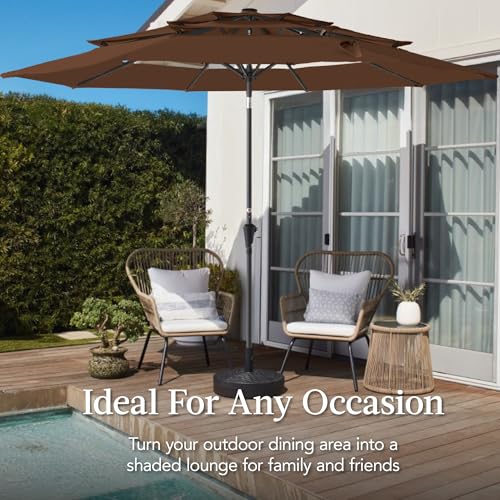 Best Choice Products 10ft 3-Tier Market Patio Umbrella, Outdoor Sun Shade with Tilt, Crank Lift, 8 Ribs for Backyard, Deck, Poolside - color: Brown