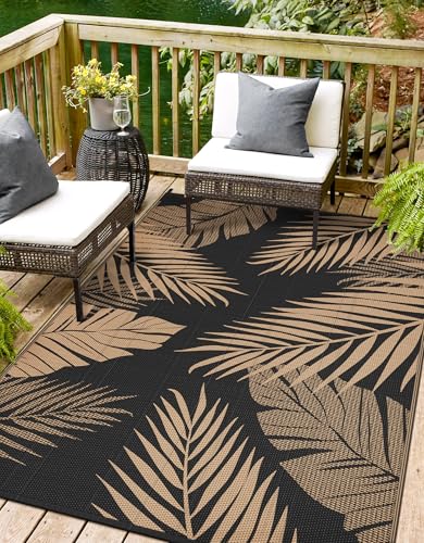 sarben Outdoor Rug 4’x6’ Waterproof for Patio Clearance, Reversible Indoor Outdoor Plastic Straw Camping Rug Carpet, RV Mat, Large Area Rug for Deck, Backyard, Balcony, Porch, Beach, Black & Brown - color: Black & Brown | Waterproof, size: 4' X 6' (Rectan