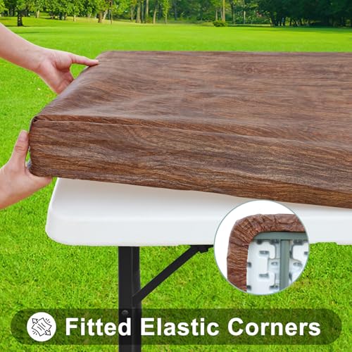 Smiry Square Table Cloth Cover, Waterproof Elastic Fitted Picnic Tablecloth, Wipeable Flannel Backed Vinyl Tablecloths for Camping, Dining, Outdoor (Brown, 34" x 34") - color: Brown, size: 34" x 34" (Square)