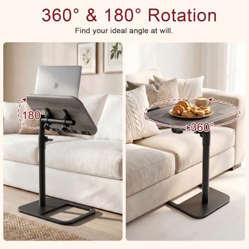 Height Adjustable Tv Trays Table for Sofa, Modern Angle Adjustable 360° Swivel and 180° Tilt Flip-Over Panel C Shaped Side Tables with Tablet Slots for Phone Computer (Grey) - color: Grey, style: Tilt C Table