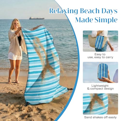 OIGAE Family Beach Blanket, 7×8 ft Sand-Free Picnic Mat for 1–4 People, Quick-Dry Lightweight Outdoor Blanket with Stakes & Corner Pockets, Blue Wave Stripes - color: Blue Wave Stripes, size: 7x8 Ft (2～5 person)