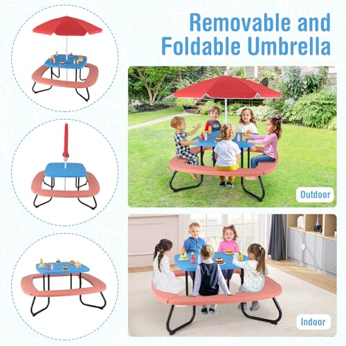 HONEY JOY Kids Picnic Table, 8 Person Toddler Outdoor Table and Chair Set, 4 Built-in Benches, Removable Umbrella, Metal Frame & HDPE Top, Children Outdoor Furniture for Backyard Patio Garden (Red) - color: Red