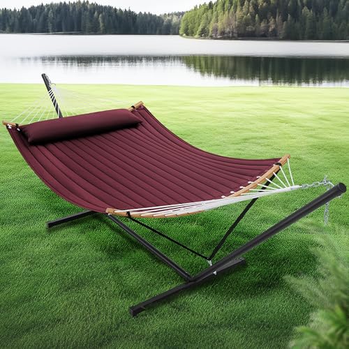 SUPERJARE Curved-Bar Hammock with Stand, 2 Person Heavy Duty Hammock Frame, Detachable Pillow & Portable Carrying Bag, Perfect for Outdoor & Indoor, Burgundy - color: Burgundy