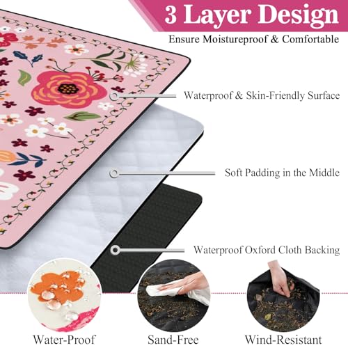 Picnic Blankets Waterproof Foldable Extra Large,80"x 80" Outdoor Beach Blanket Sandproof,3-Layer Lightweight Handy Mat Tote Picnic Camping Rugs for Outside Your Rv (Boho Vintage Floral Pink) - color: Picnic Blankets 13