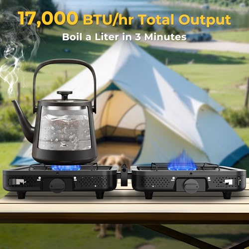 2 Burner Portable Camping Stove Propane, Folding Propane Stove for Camping, Camp Stove with 17,000 BTU,Two Adjustable Burners Gas Camping Stove with Carrying Bag for Outdoor Cooking,BBQ - color: Black
