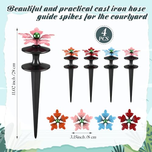 Zonon 4 Packs Hose Guide Spike Decorative Flower Cast Iron 11-inch Metal Heavy Duty Garden Hose Guide Stakes Heavy Duty Black Antique Tools for Garden Lawn Yard Farm Outside Plants Protection - style: Stylish