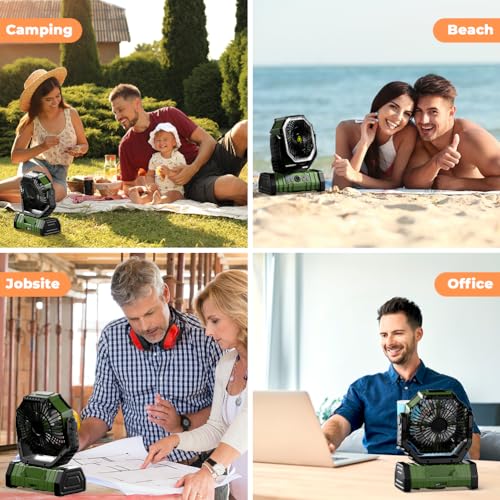 Camping Fan - 20000mAh Battery Powered Fan Rechargeable with LED Lantern - Portable Outdoor Tent Fans with Hanging Hook 4 Speeds Wind Remote Control, Green - color: Green