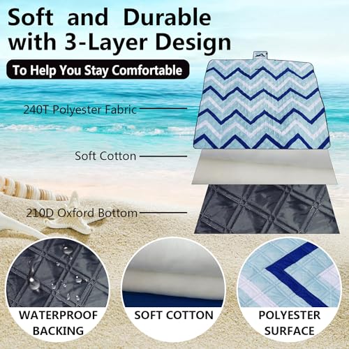 Picnic Blankets Machine Washable, 79''x79'' Extra Large Waterproof Foldable Compact Beach Blankets, Oversized XL Outdoor Mat for Spring Summer Camping, Park, Travel - color: Blue Wave