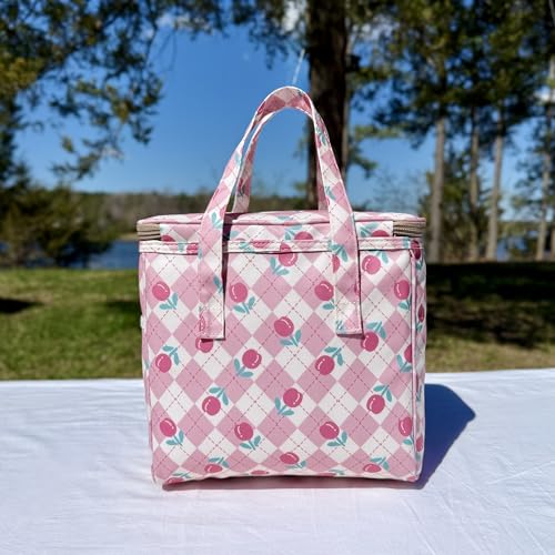 Kwang Min Floral Insulated Lunch Bag for Women,Reusable Lunch Box,Large Cooler for Office,Picnic Outdoors,Premium Quality Waterproof Fabric,Ideal Gift for Outdoors and work (Pink Gingham Check) - color: Pink Gingham Check