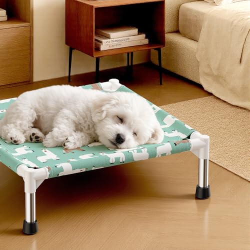 Cute Alpaca Print Elevated Dog Bed - Portable Cooling Pet Cot for Small Dogs - Breathable Thickened Fabric Hammock, Crate Compatible, Indoor & Outdoor Use - size: Small