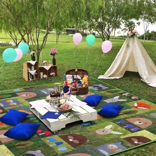 Supfitness Extra Large Picnic Blankets Waterproof Foldable (60"x 80") Boho Beach Blanket Waterproof Sandproof,3-Layer Thicking Mat Outdoor Packable Camping Blanket - color: Green-animal, size: 5' x 6'8" (Rectangular)