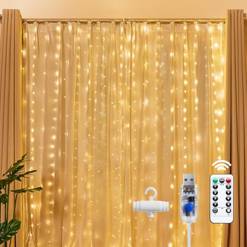 Brightown 300 LED Fairy Curtain Lights, 9.8ft x 9.8ft Warm White Curtain String Lights, USB Plug in 8 Lighting Modes Christmas Decoration, Hanging Lights with Remote for Bedroom Indoor Weddings Dorm - color: Warm White, size: 1 Pack-300 LED
