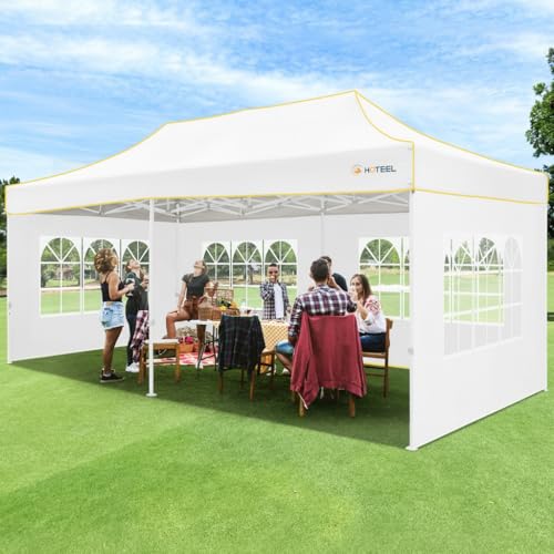 HOTEEL 10x20 Heavy Duty Pop up Canopy Tent with 6 Sidewalls, Easy Setup Outdoor Commercial Instant Gazebo for Parties Wedding Event, with Roller Bag & Sand Bags, White(Hexagonal Frame) - color: White, size: 10x20ft (+6 Walls)