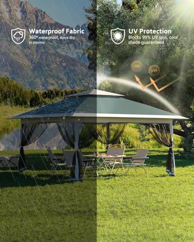 13X13 Pop Up Gazebo,Outdoor Canopy Tent with Mosquito Netting, Double Vented Roof Sun Shelter with Adjustable Heights,Outdoor Gazebo for Backyard & Patio Furniture.(Dark Army Green + Heather Gray). - color: Dark Army Green + Heather Gray