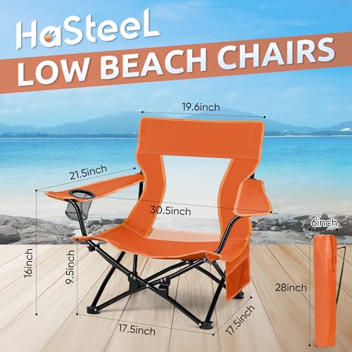 HaSteeL Folding Beach Chair Set of 2, Foldable Orange Camping Chairs for Outside, Low Beach Chair Portable for Adults Fishing, Picnic, Outdoor BBQ, Travel, Sports, Cup Holder & Storage Bag - color: Orange Chairs