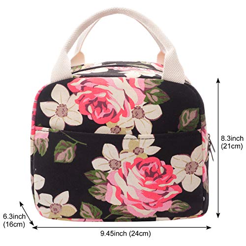 EurCross Floral Lunch Bag Classic for Women Girls, High Grade Cotton Canvas Insulated Lunch Box Bag Hold Bento Box or Round, Square and Uniquely Shaped Lunch Containers, Small Light Weight for Carry - color: Floral